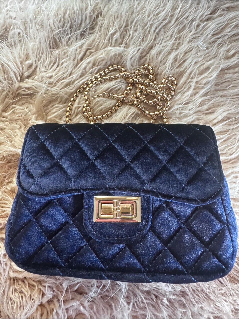 Tiny Treats Zomi Gems Navy Velvet Quilted Gold Chain Crossbody Purse